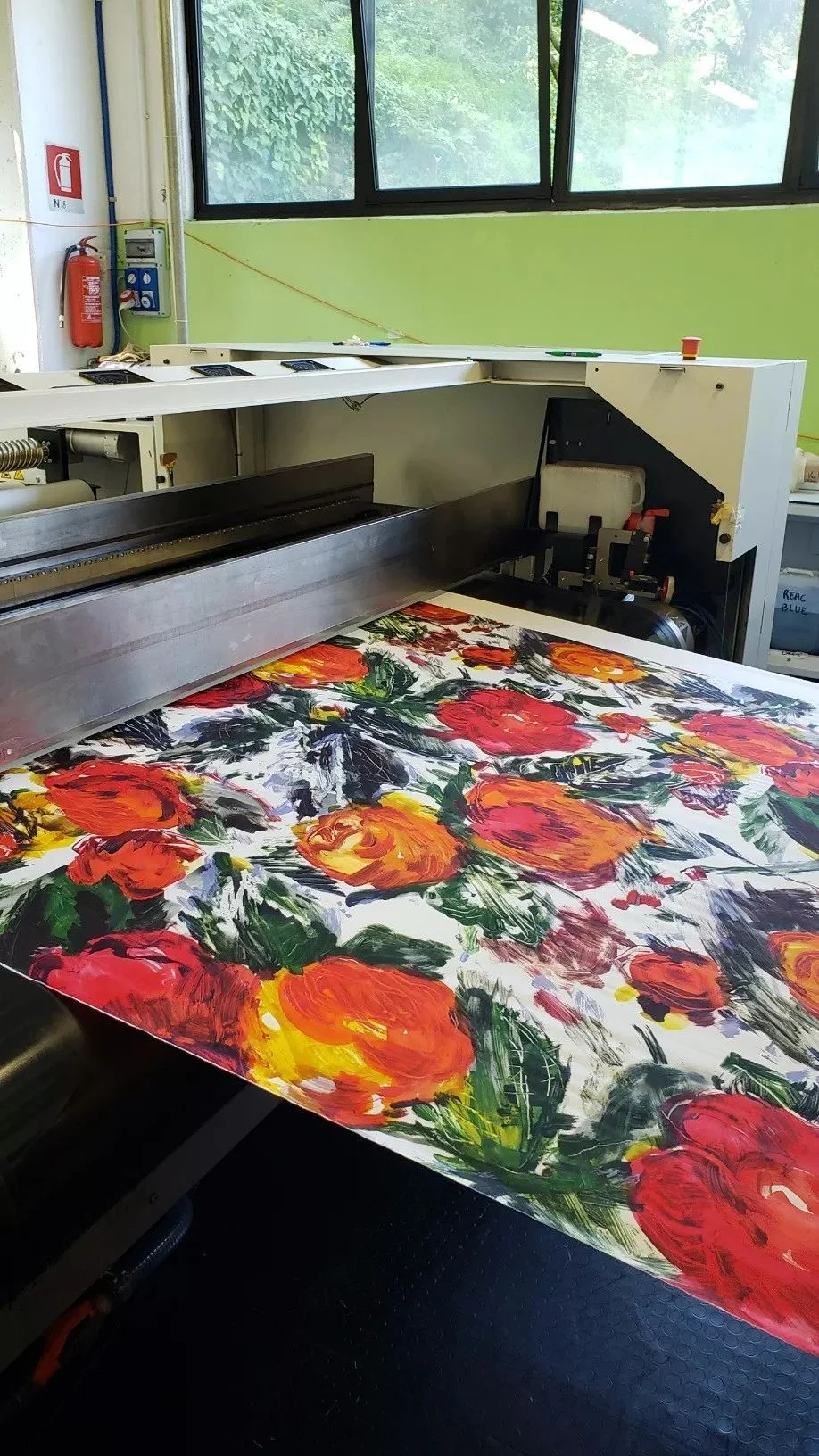Digital textile printing machine producing floral fabric