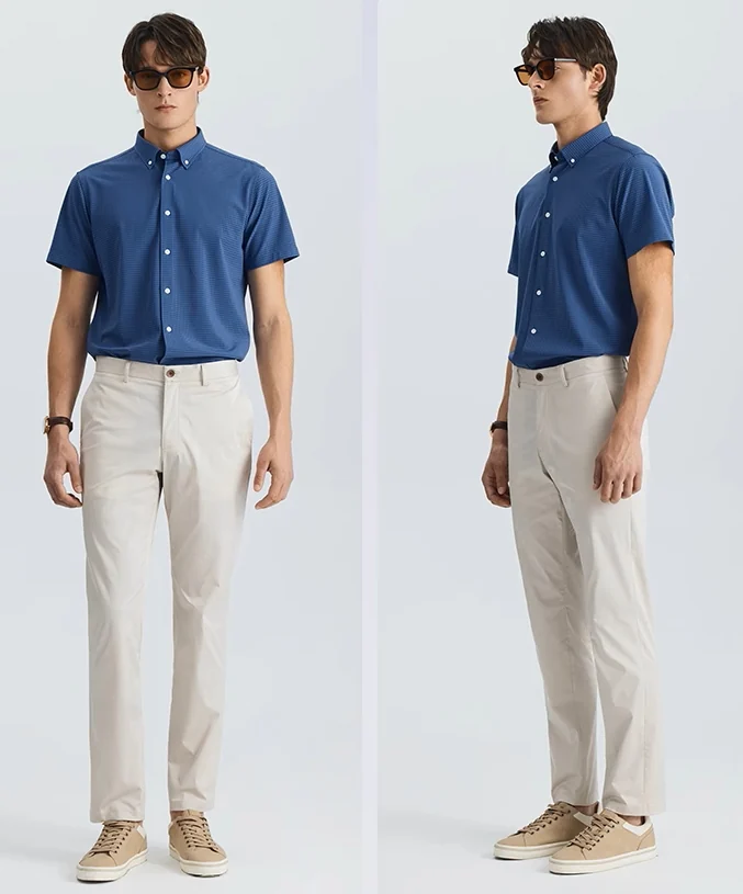 Blue men's short sleeve shirt application