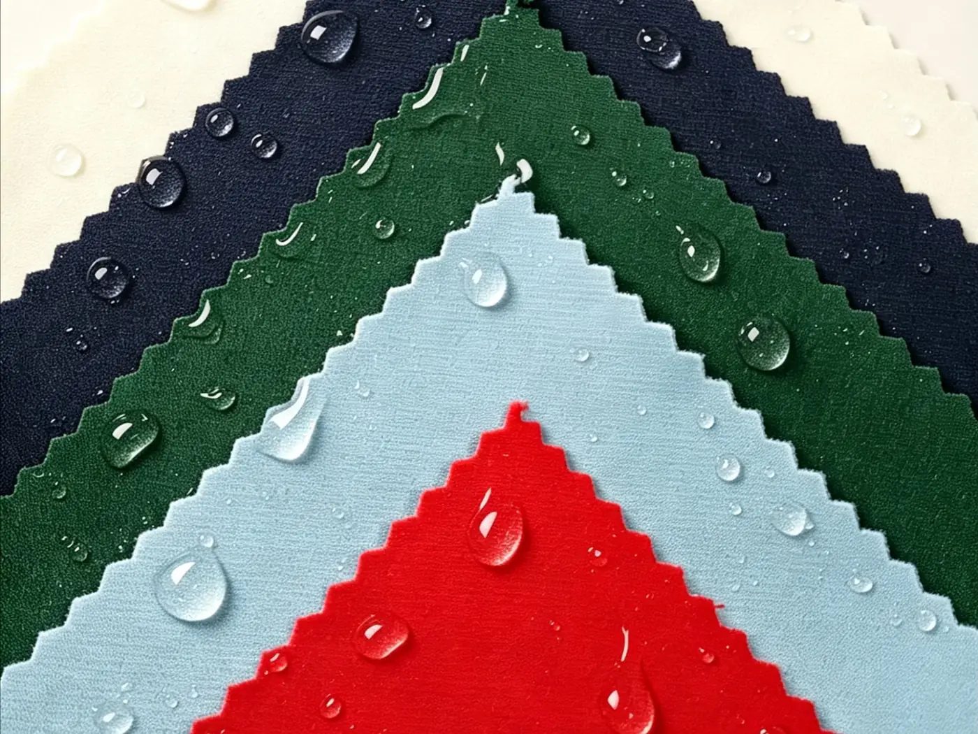 Clean cropped waterproof stretch twill swatches with water drops